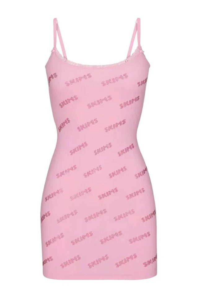 Rhinestone Logo Pointelle Mini Slip Dress