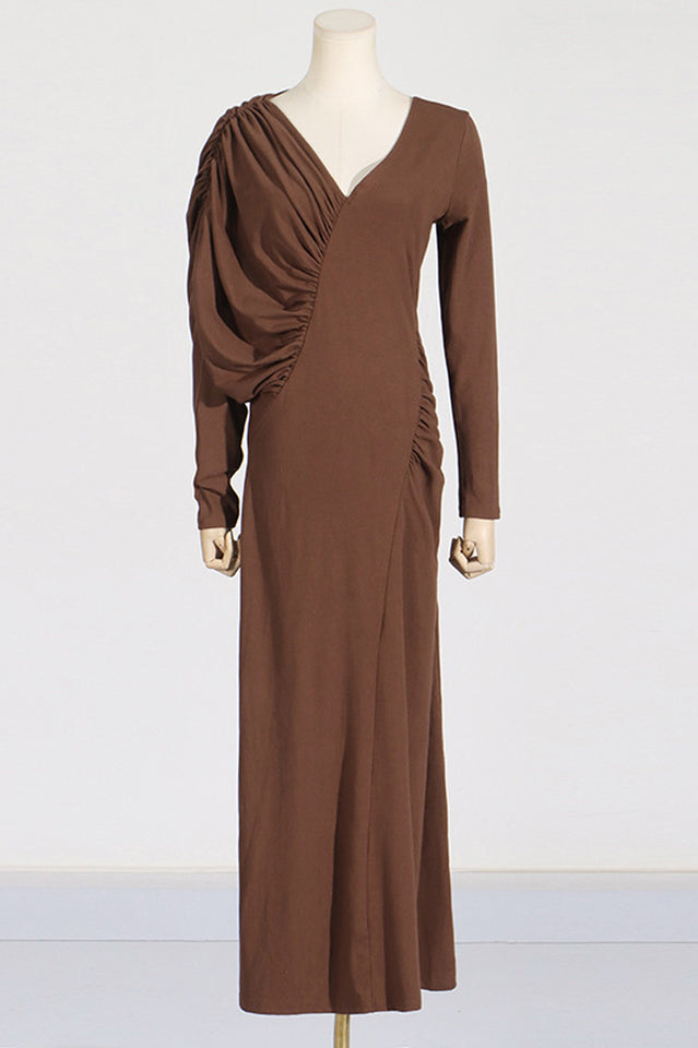Asymmetric V-Neck Pleated Maxi Dress
