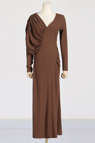 Asymmetric V-Neck Pleated Maxi Dress