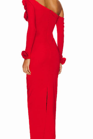 Slanted Shoulder Ruched Rose Flowers Dress