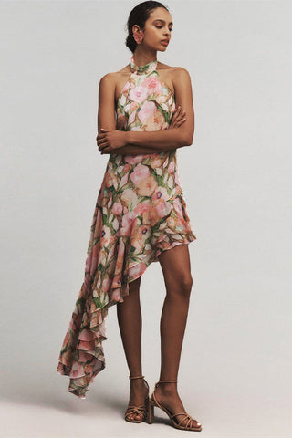 Sabina Asymmetric Floral Halter Midi Dress
