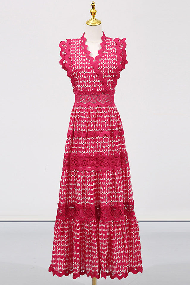 Laser Cut Wavy Trim Maxi Dress