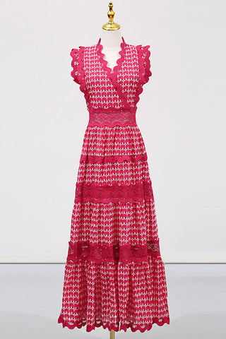 Laser Cut Wavy Trim Maxi Dress