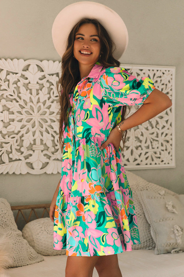 Floral Collar Buttoned Babydoll Dress