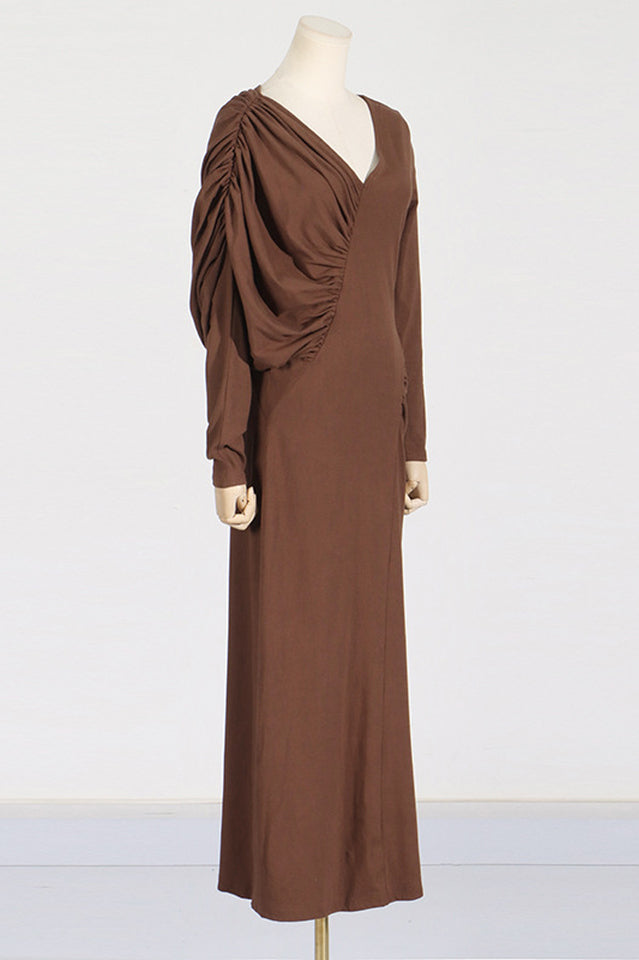 Asymmetric V-Neck Pleated Maxi Dress