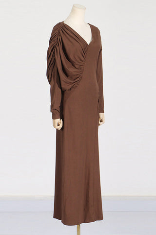 Asymmetric V-Neck Pleated Maxi Dress