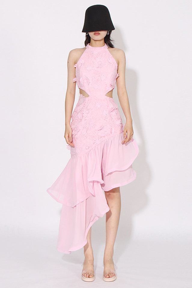 Embroidered 3D Flower Asymmetrical Dress