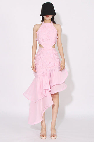 Embroidered 3D Flower Asymmetrical Dress