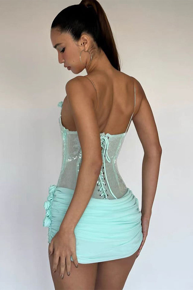 Sequin Floral Draped Corset Dress