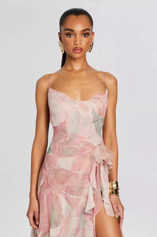 Printed Ruffle Asymmetric Maxi Dress