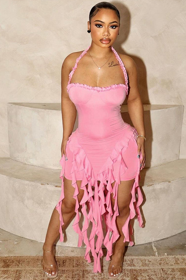 Ruffle Tassel Halter Bustier Mini Dress