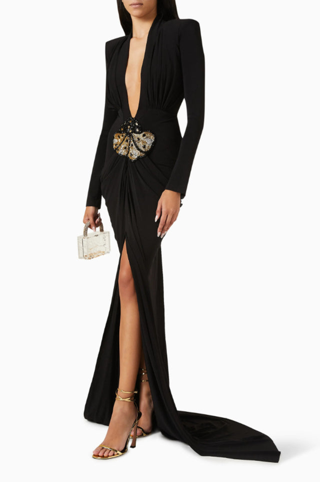Embellished V Neck Draped Gown