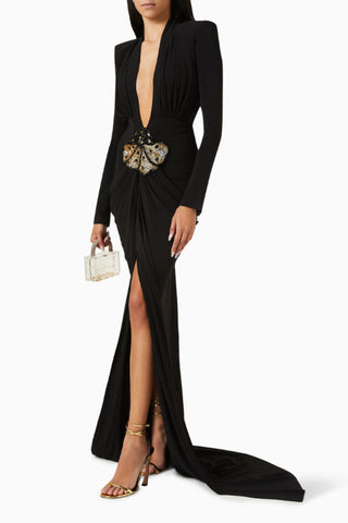 Embellished V Neck Draped Gown
