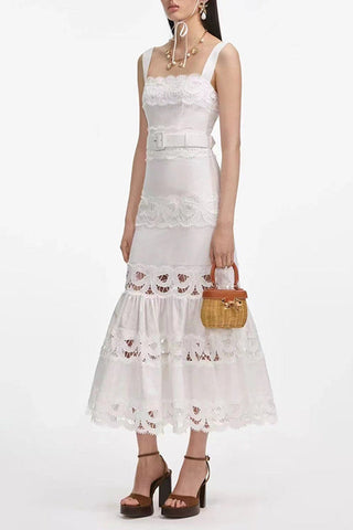 White Linen Lace Insert Midi Dress