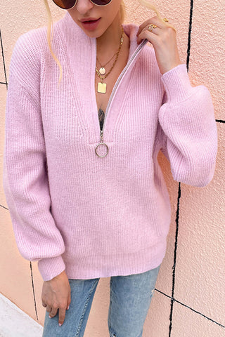 V-Neck Knitted Zipper Lantern Sleeve Sweater