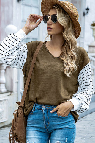 V-Neck Long-Sleeved Striped Stitching Shirt