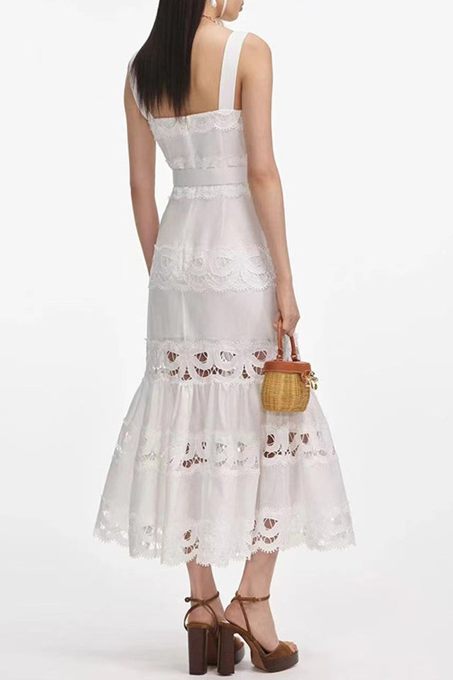 White Linen Lace Insert Midi Dress