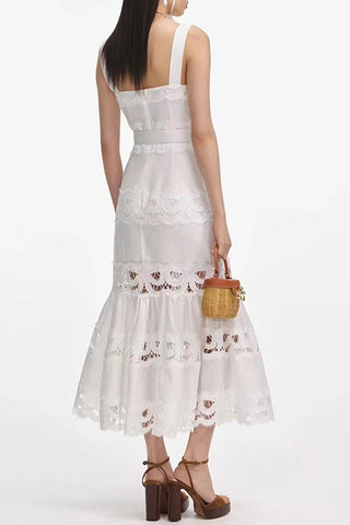 White Linen Lace Insert Midi Dress