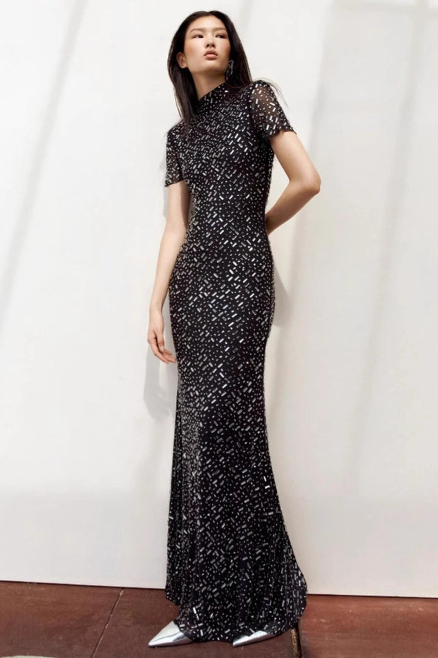 Square Rhinestone Mesh Midi Dress
