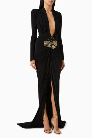 Embellished V Neck Draped Gown