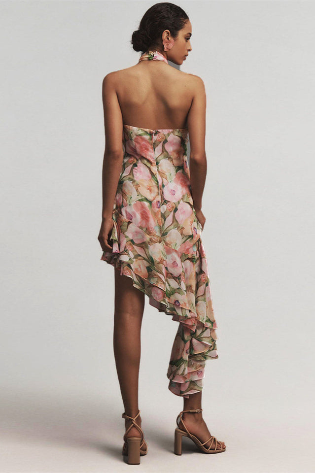 Sabina Asymmetric Floral Halter Midi Dress