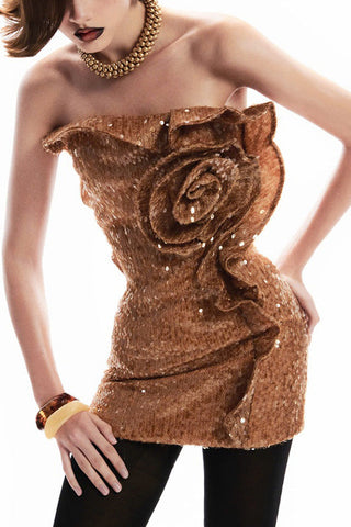 Strapless Sequin Floral Ruffle Dress