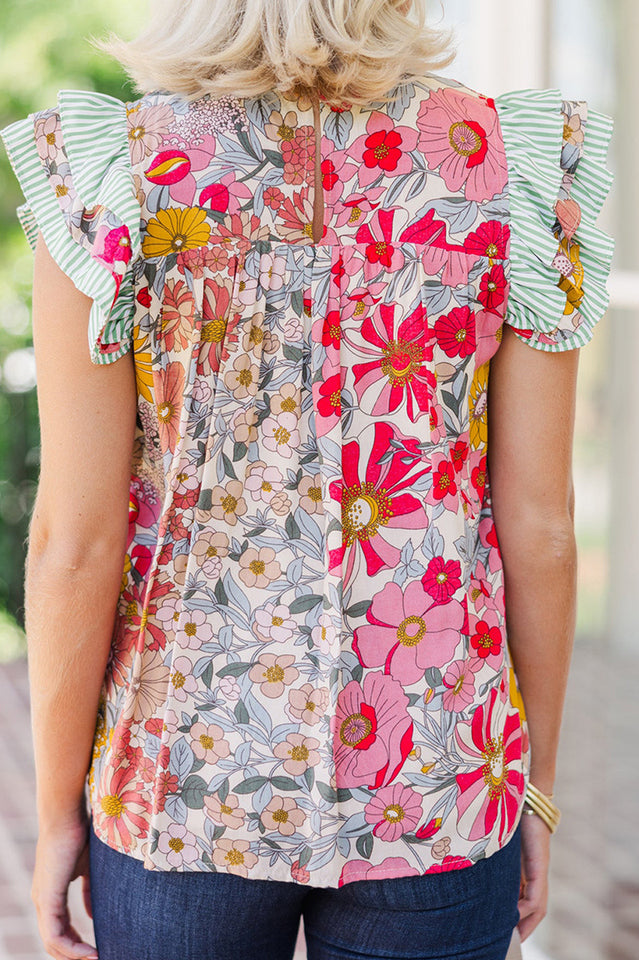 Floral Print Contrast Ruffle Trim Blouse