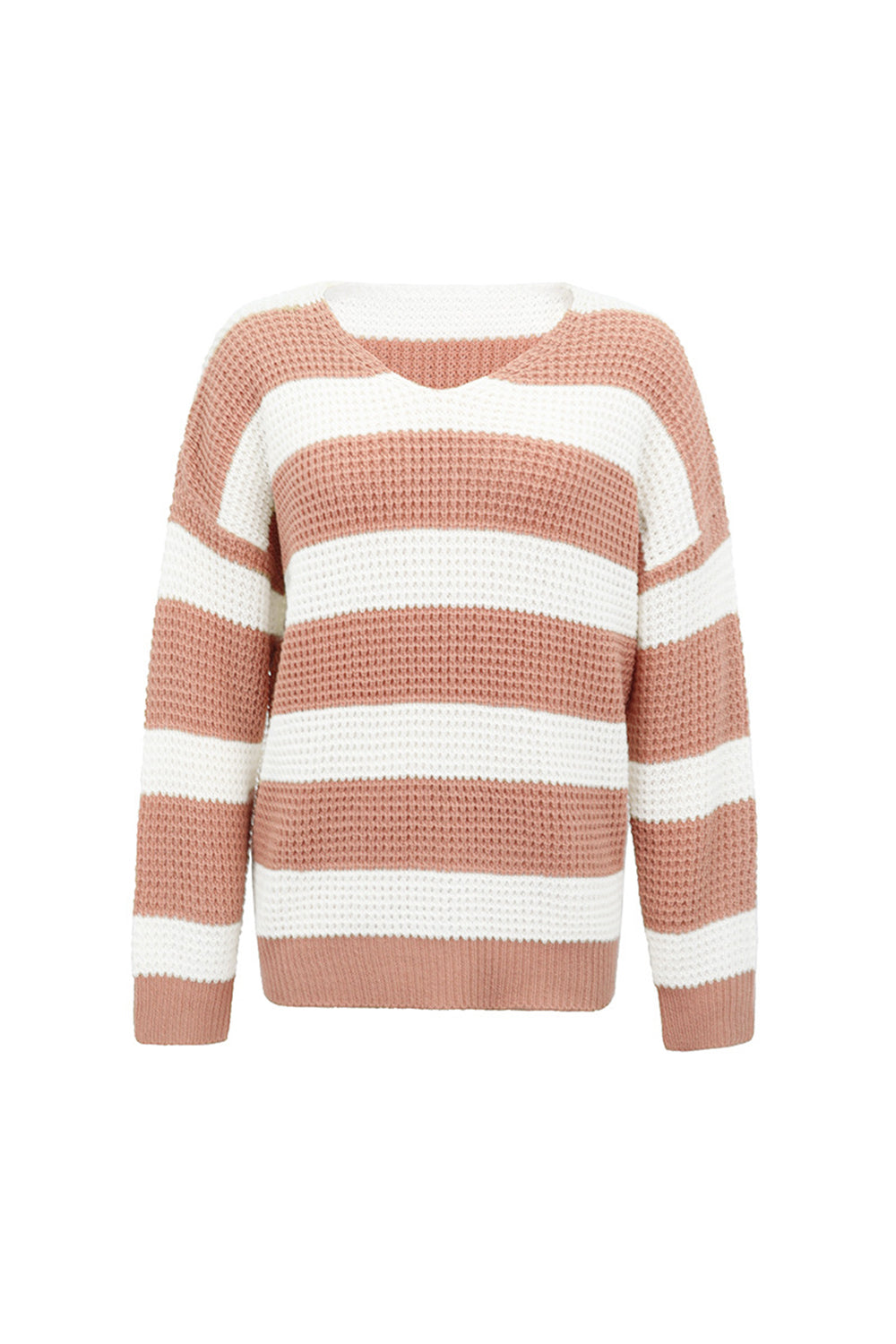 V-Neck Striped Waffle Sweater