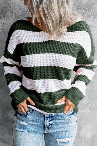 V-Neck Striped Waffle Sweater