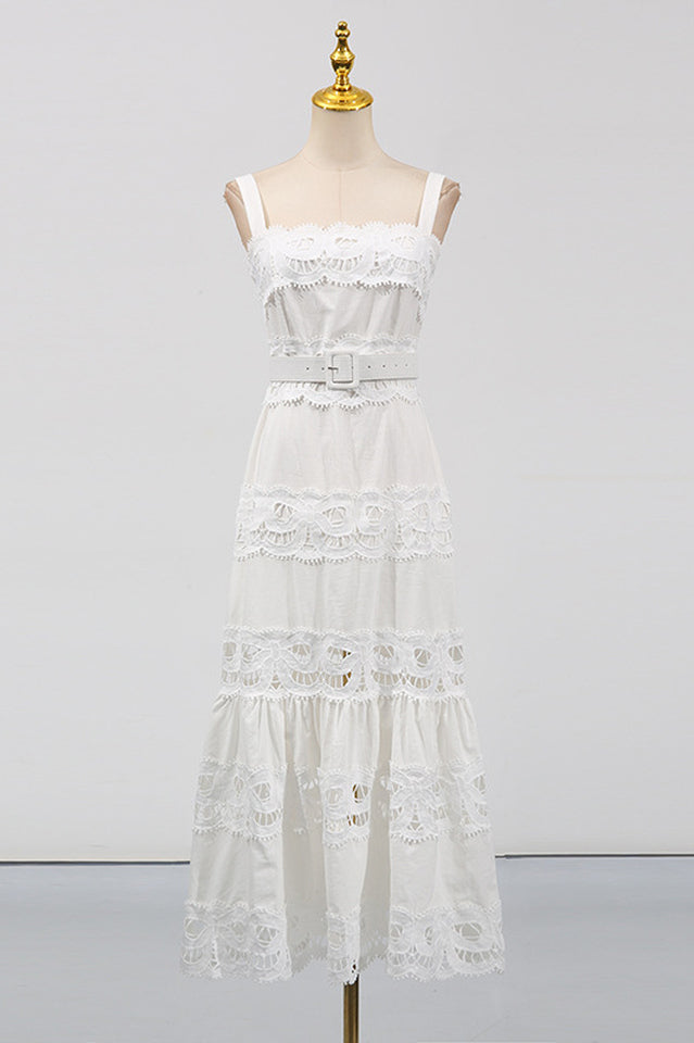 White Linen Lace Insert Midi Dress