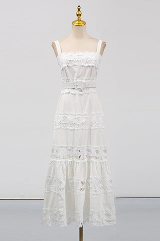 White Linen Lace Insert Midi Dress