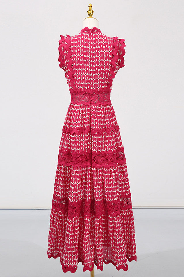 Laser Cut Wavy Trim Maxi Dress