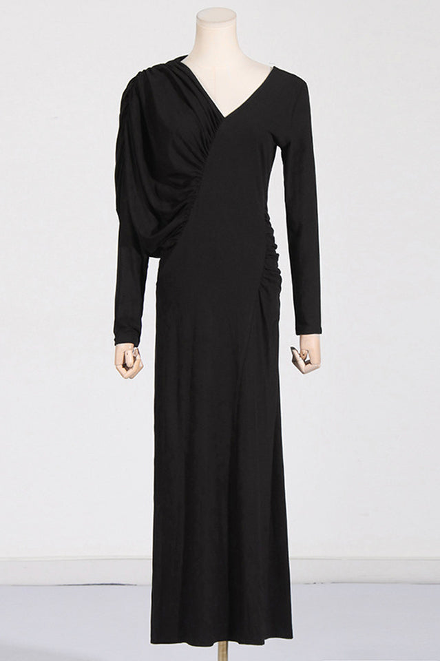 Asymmetric V-Neck Pleated Maxi Dress