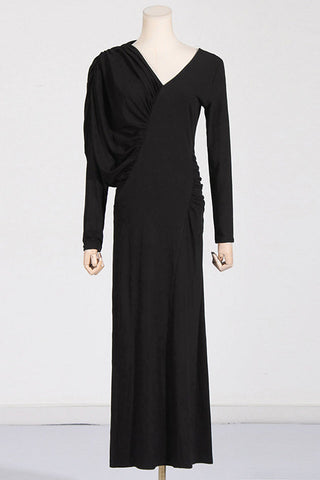 Asymmetric V-Neck Pleated Maxi Dress