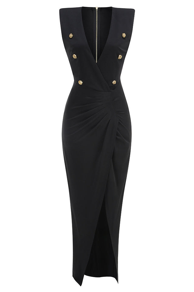Button Detail Draped Maxi Dress