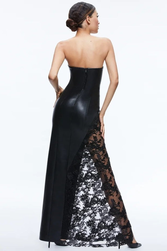Faux Leather Gown with Lace Detail