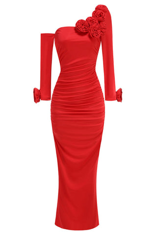 Slanted Shoulder Ruched Rose Flowers Dress