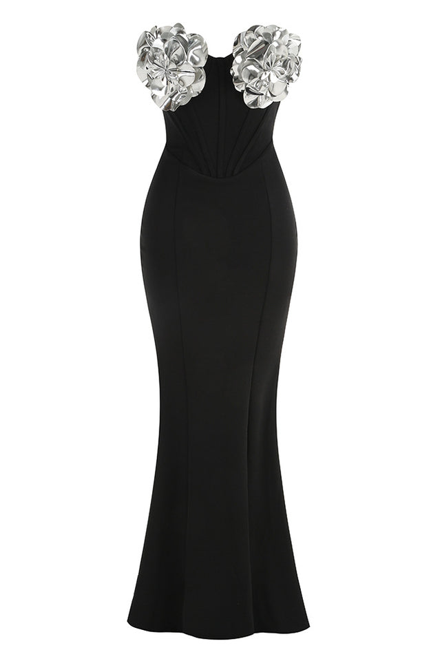 Strapless 3D Floral Maxi Dress