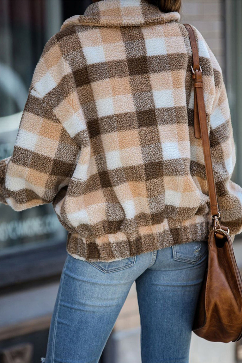 Zipped Pocket Lapel Plaid Plush Coat