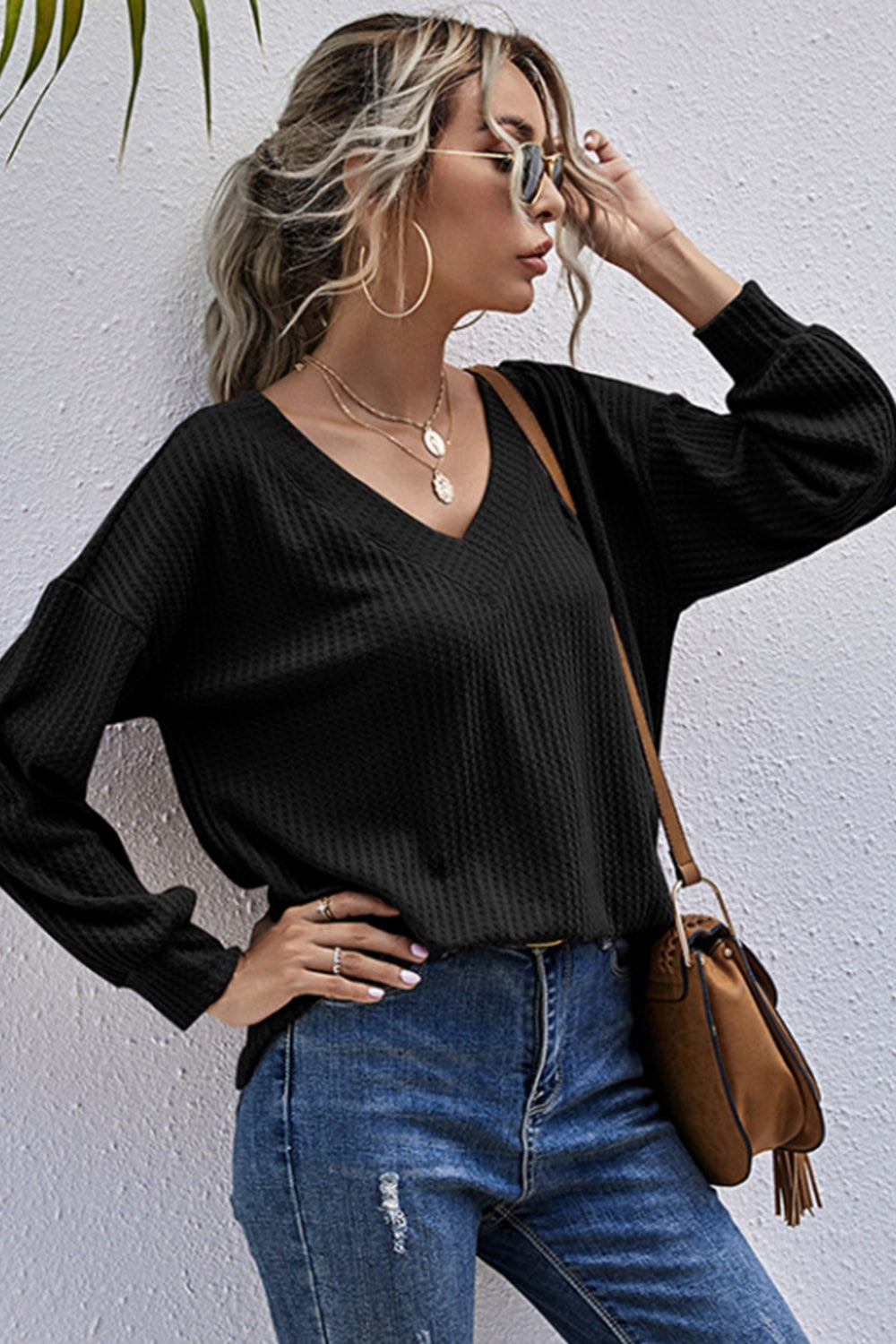 V-neck Loose Long-sleeved Knitted Top