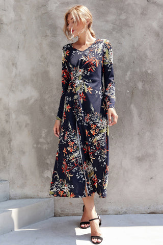 V-neck Printed Waist Slit Long Sleeve Dress