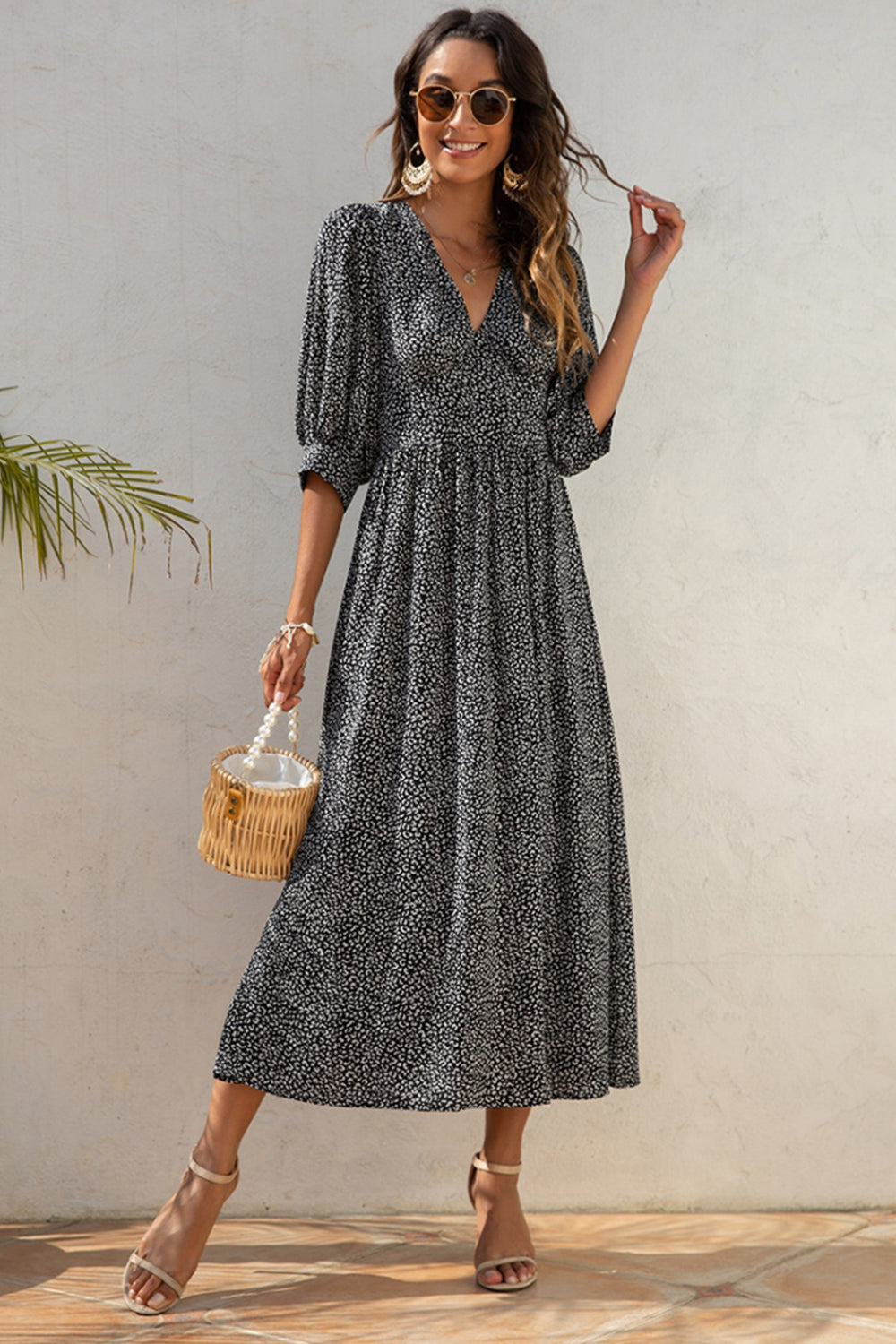 V-Neck Printed Mid-Sleeved Dress