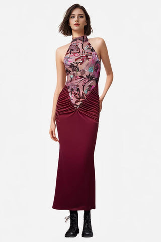 Dusha Halter Flower Ruched Maxi Dress