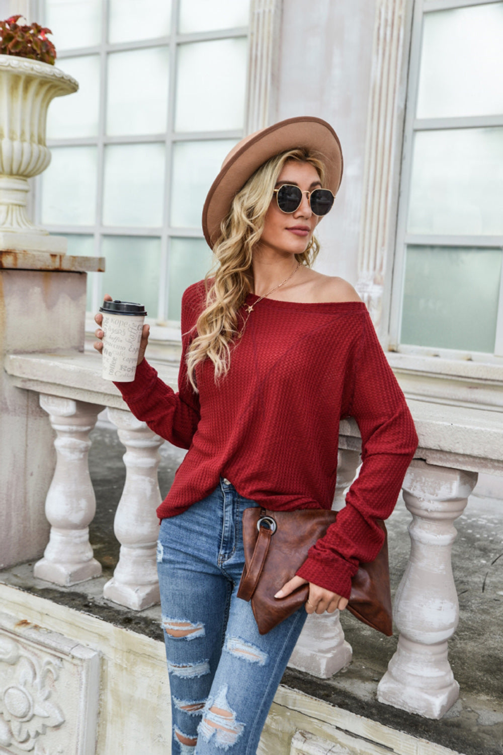 Waffle Long Sleeve One-shoulder T-shirt