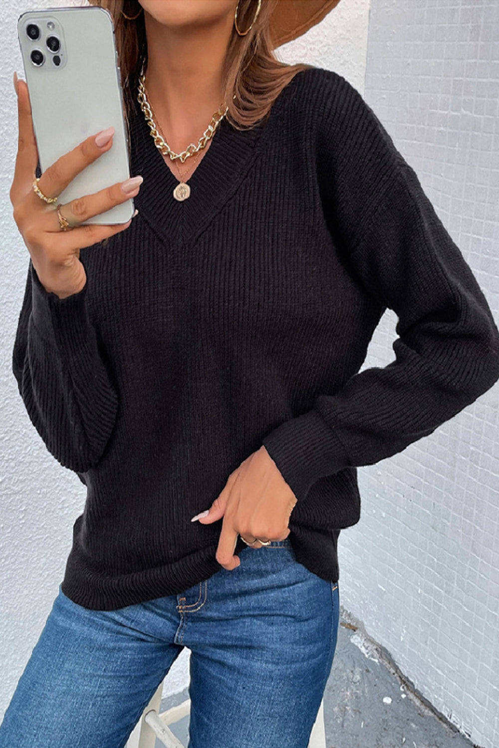 V-Neck Solid Color Sweater