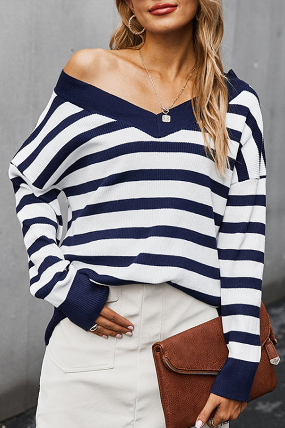 V-neck Off Shoulder Stripe T-shirt