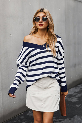 V-neck Off Shoulder Stripe T-shirt