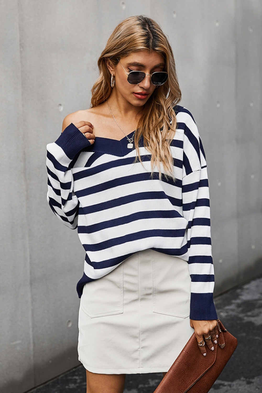 V-neck Off Shoulder Stripe T-shirt