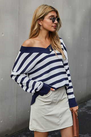 V-neck Off Shoulder Stripe T-shirt