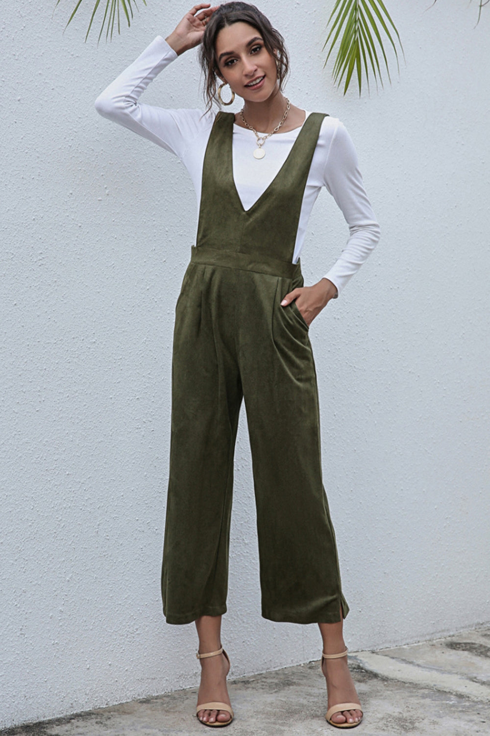 V-Neck Solid Color High Waist Jumpsuit